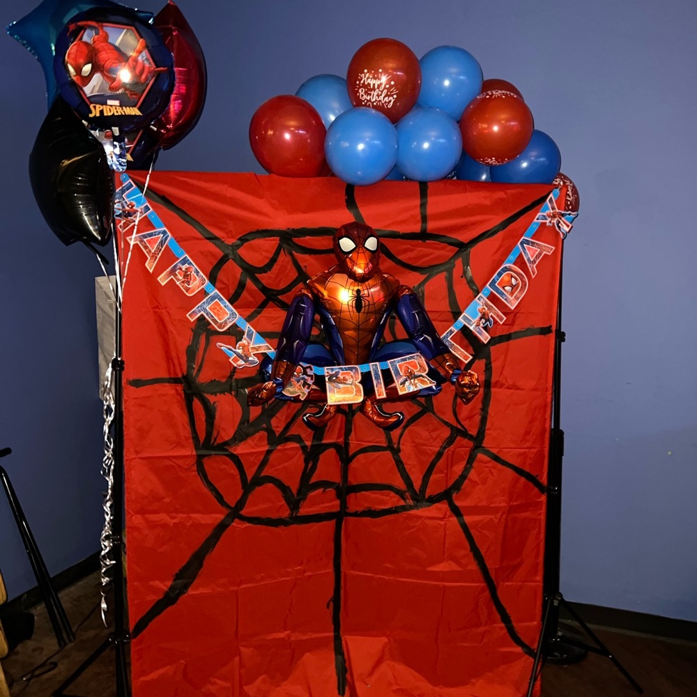 One Spider-Man, One Homemade Web Backdrop, One Spider-Man Banner